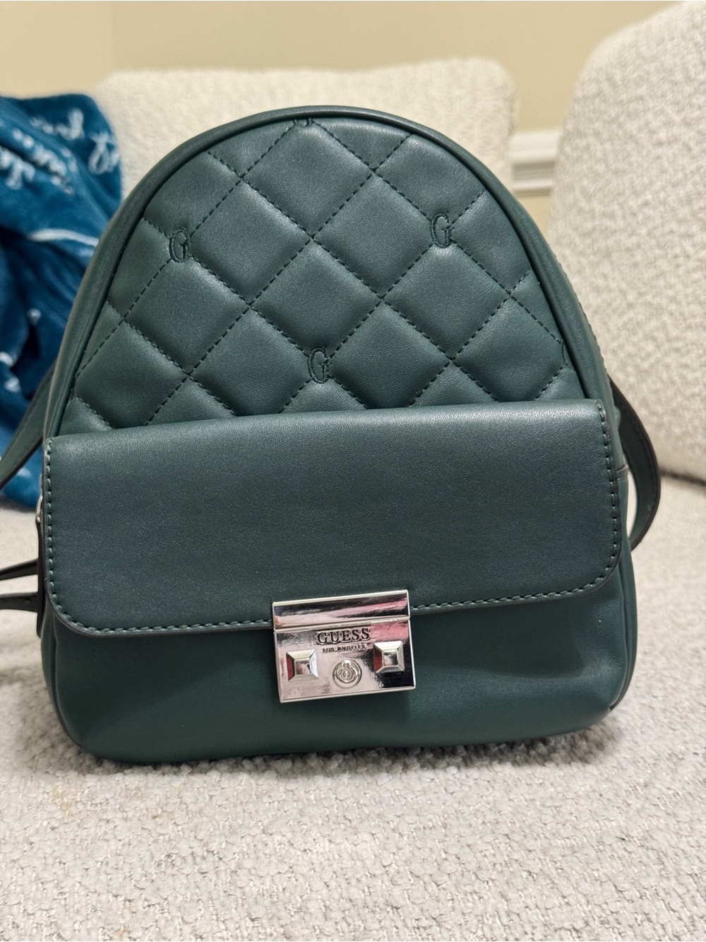 Guess Emerald Green Quilted Mini Backpack Embossed Logo Detail Silver Hardware